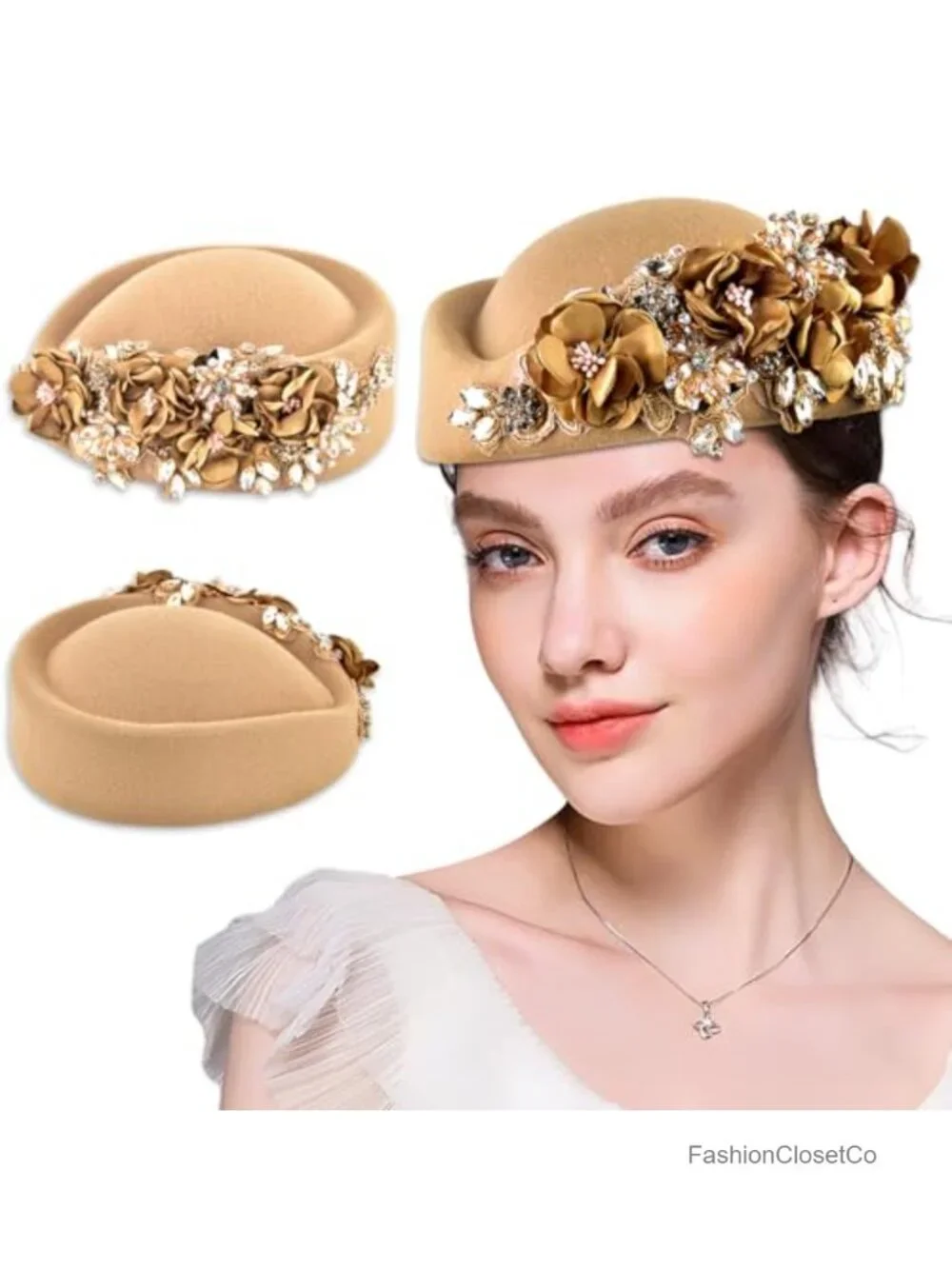Retro Stewardess Felt Hat Rhinestone Flower Beret Church Derby Hat